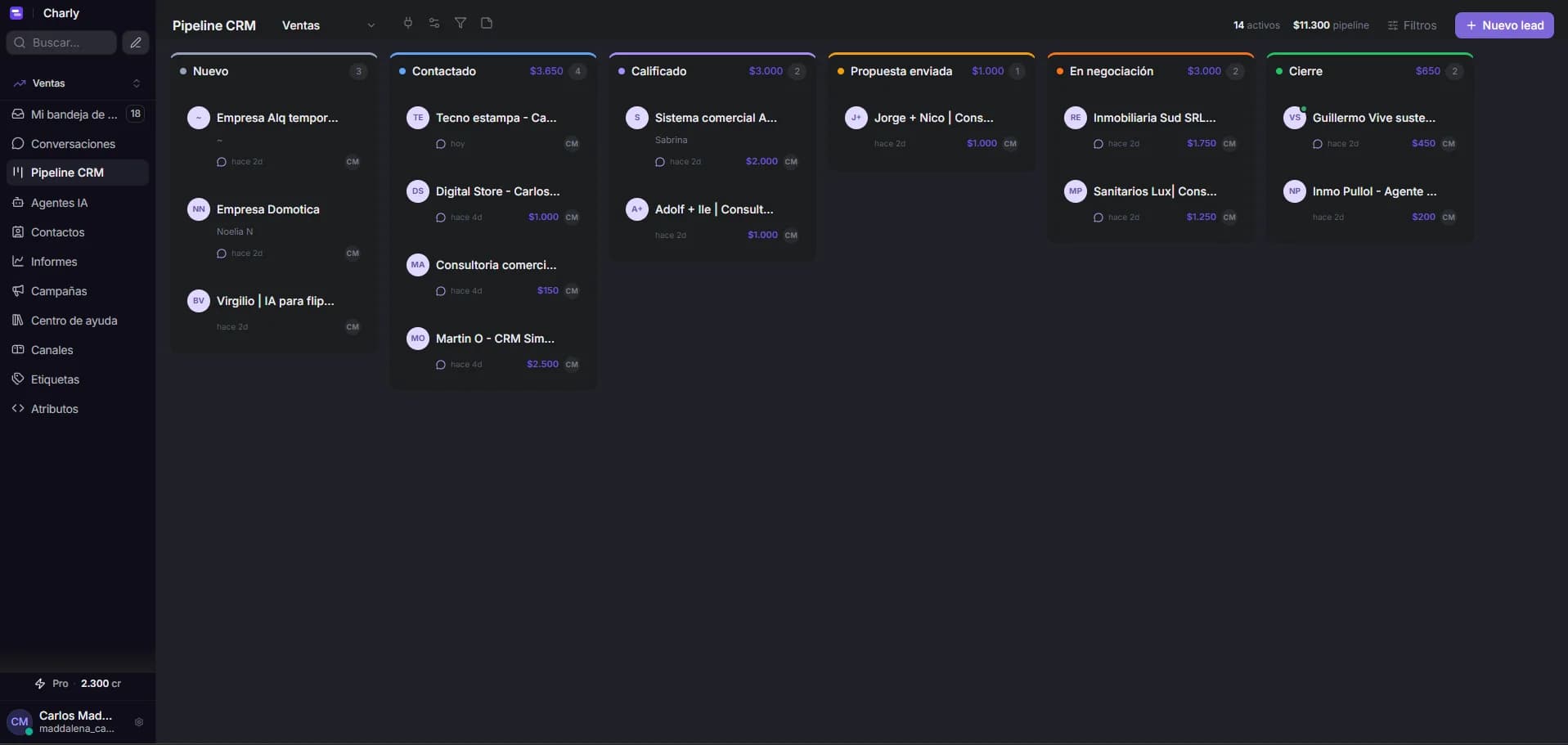 Pipeline CRM de BESEL con oportunidades ordenadas por etapa