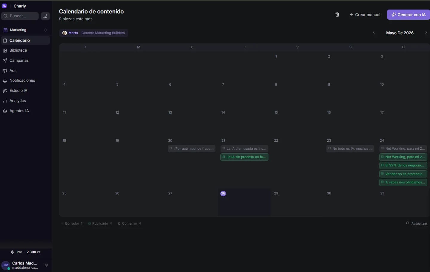 Calendario de contenido con IA en BESEL